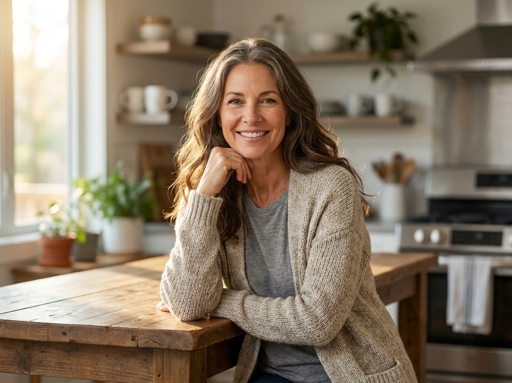 Smiling woman leaning on a kitchen counter