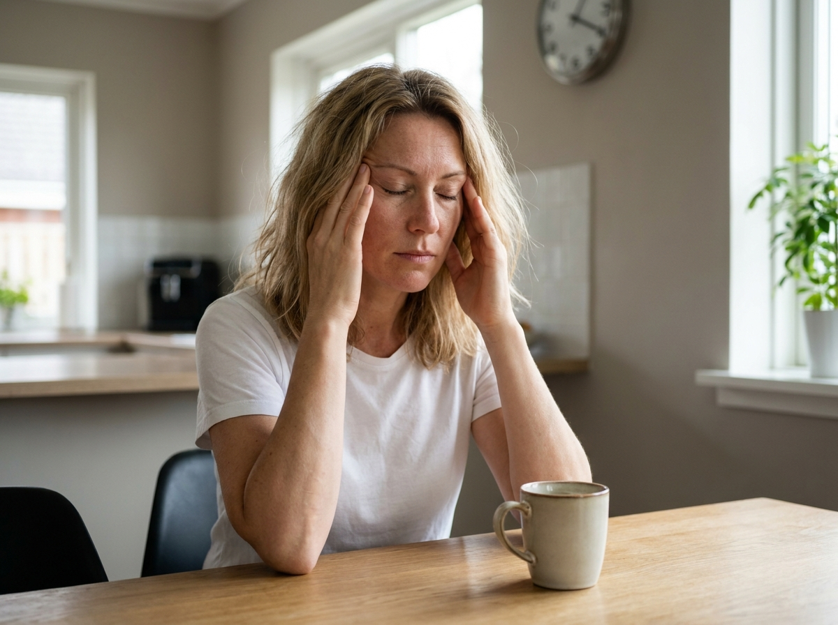 Woman at a kitchen table pressing her temples, looking tired